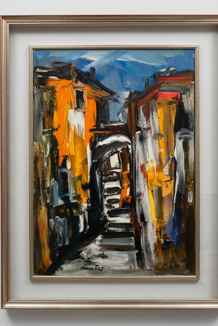 Senza titolo (Scorcio di borgo italiano), olio di Oliver Tihi, 70 x 90 cm