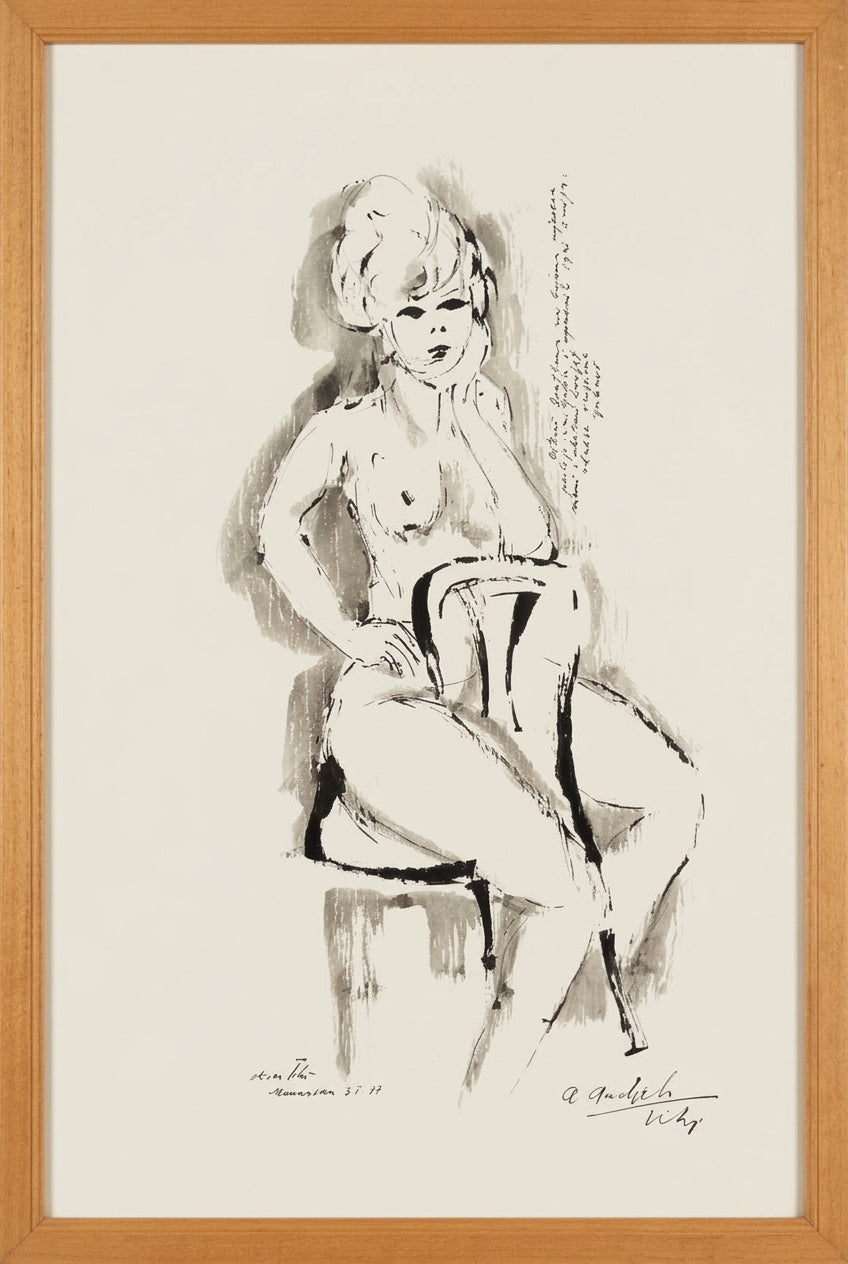 Senza titolo (Nudo femminile seduto con testo poetico), tecniche miste di Oliver Tihi, 35 x 55 cm