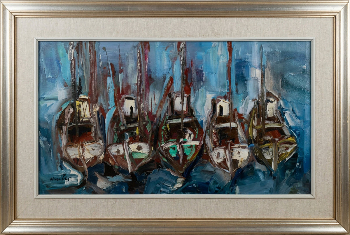 Senza titolo (Imbarcazioni ormeggiate), olio di Oliver Tihi, 100 x 60 cm
