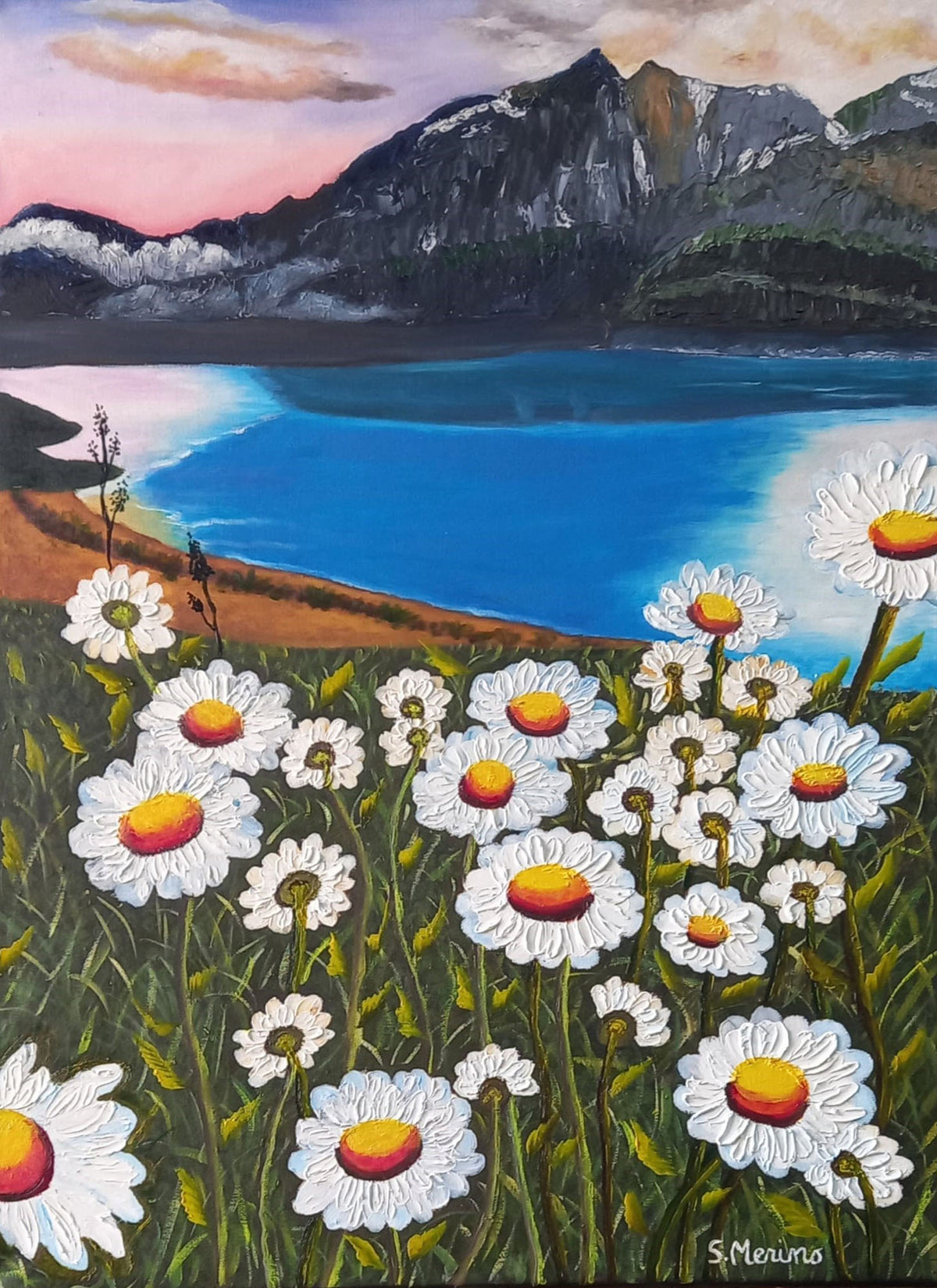 Maria del Socorro Merino García - Paisaje marino con margaritas