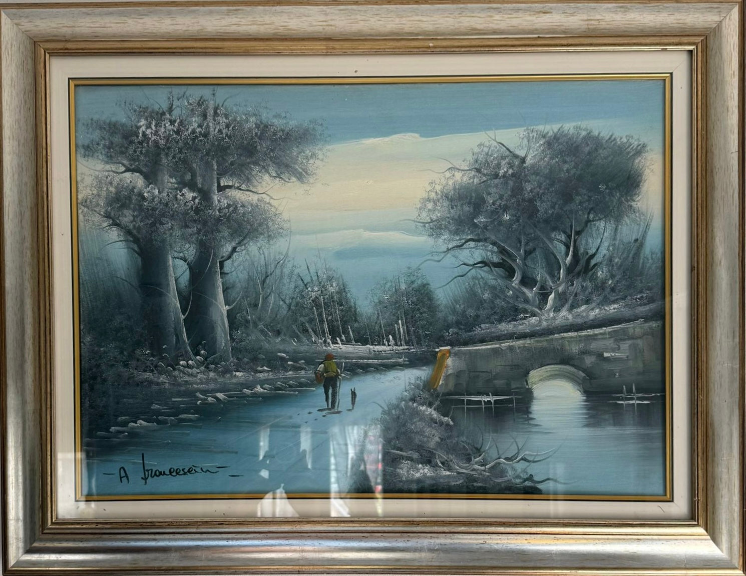 Paesaggio con fiume, olio su tela di artista sconosciuto