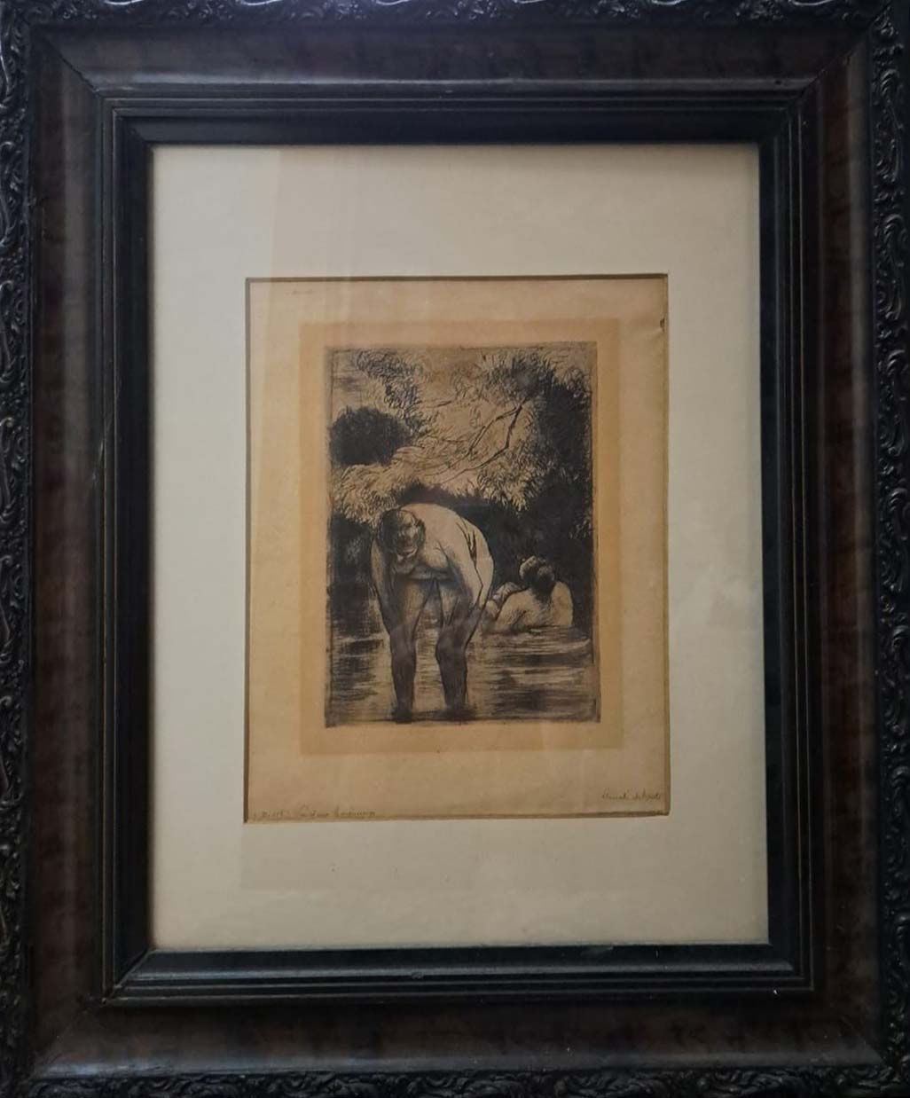 Le due bagnanti, acquaforte e acquatinta di Camille Pissarro