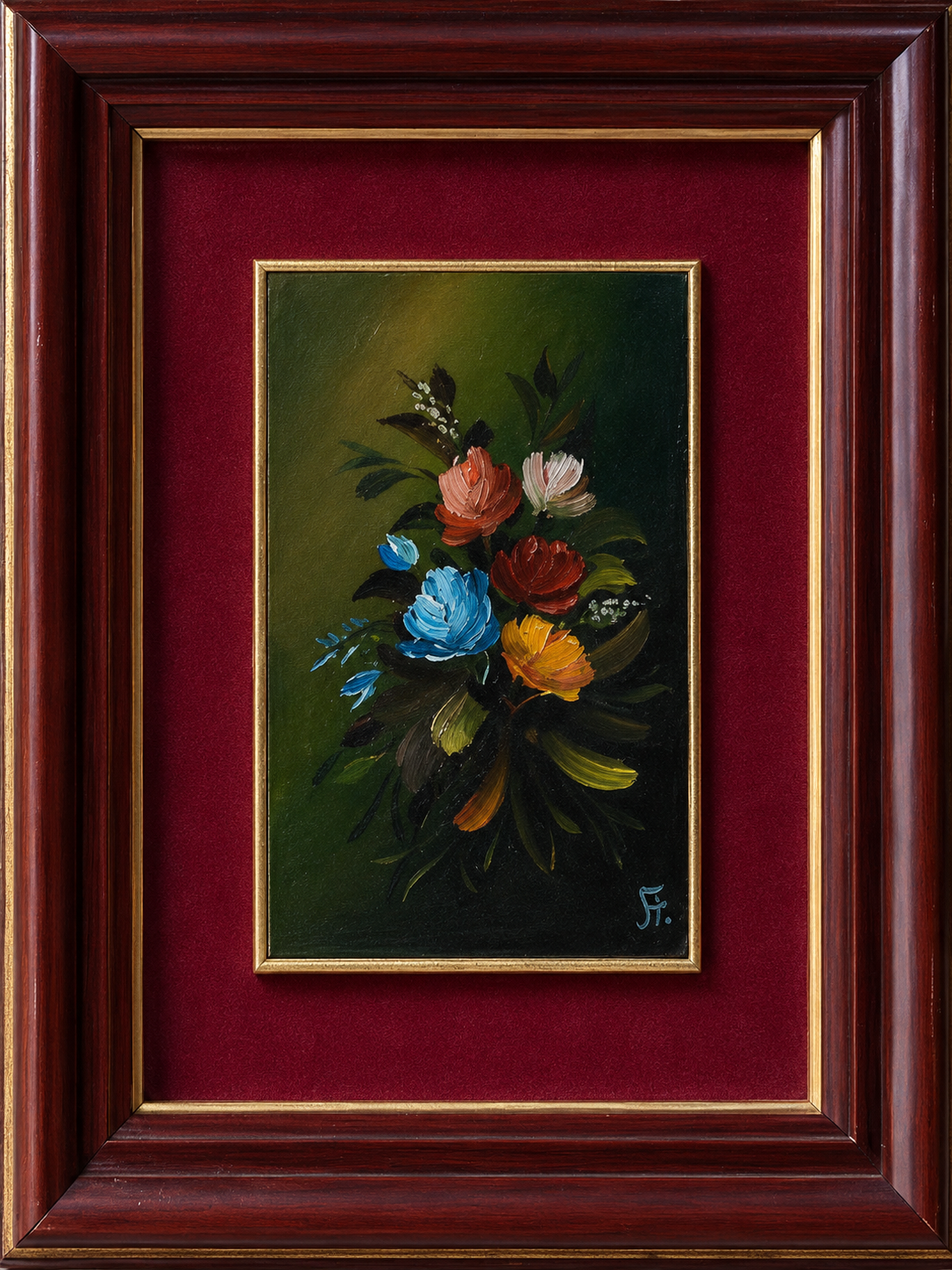 Piccola composizione di fiori a olio su tavola di Antonio Fenzi