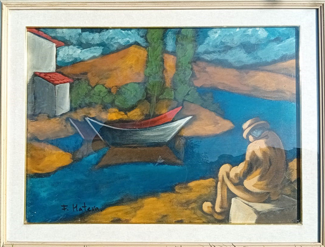 Franco Matera - Paesaggio con figura seduta e barche