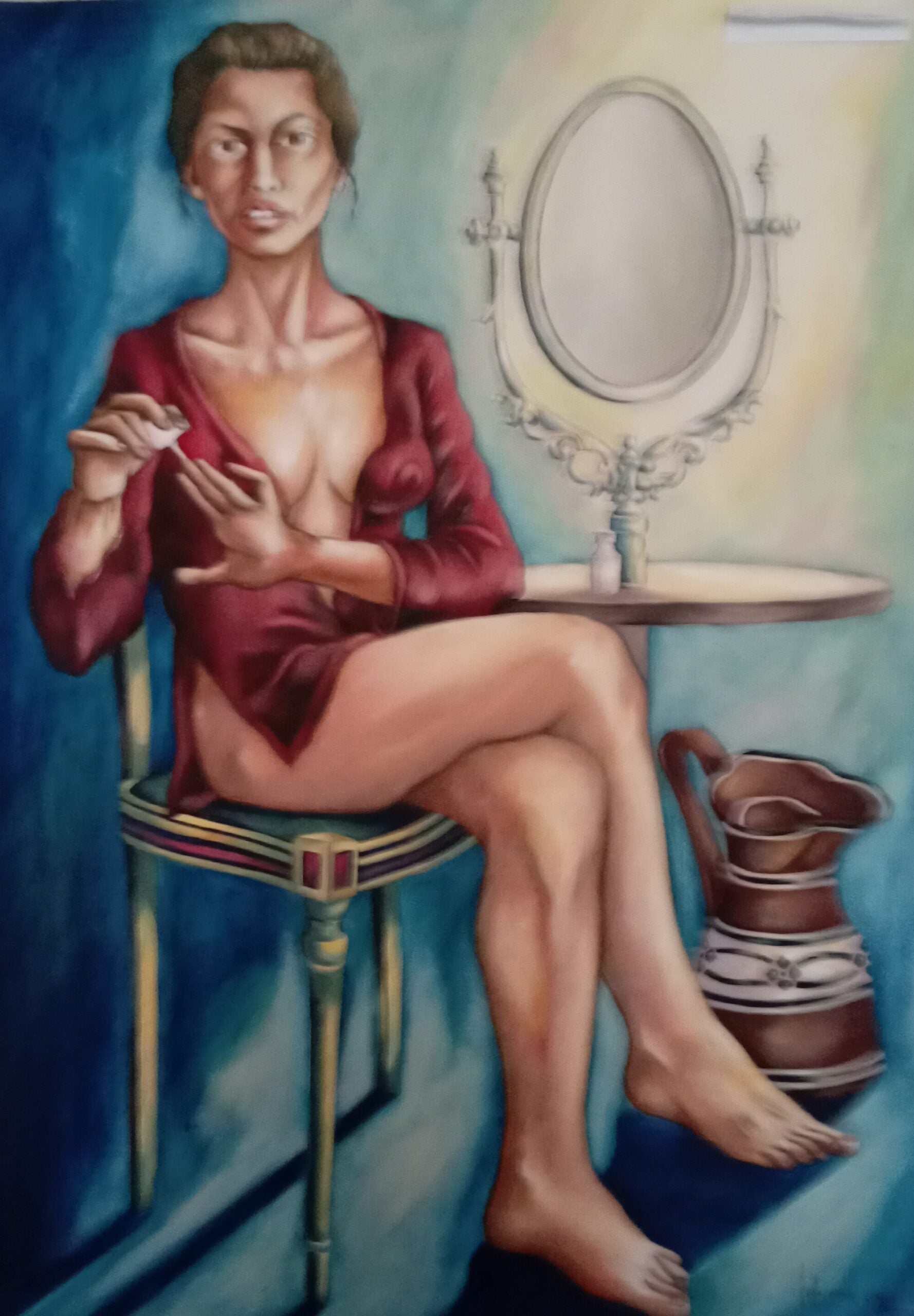Silvio Bavassano - Donna con specchio che si fa la manicure
