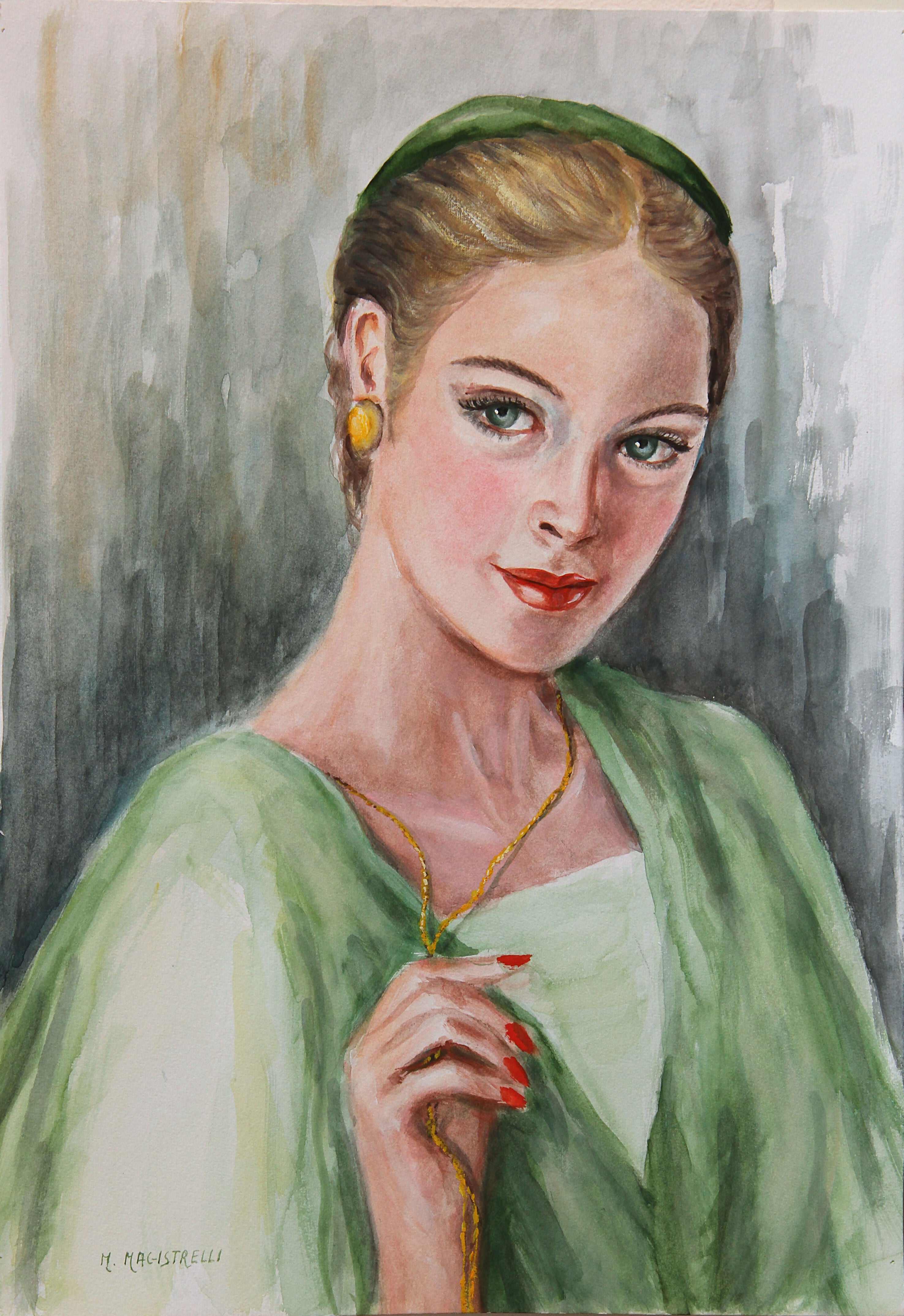 Ritratto Donna bionda con abito e cappellino verde di Miranda Magistrelli