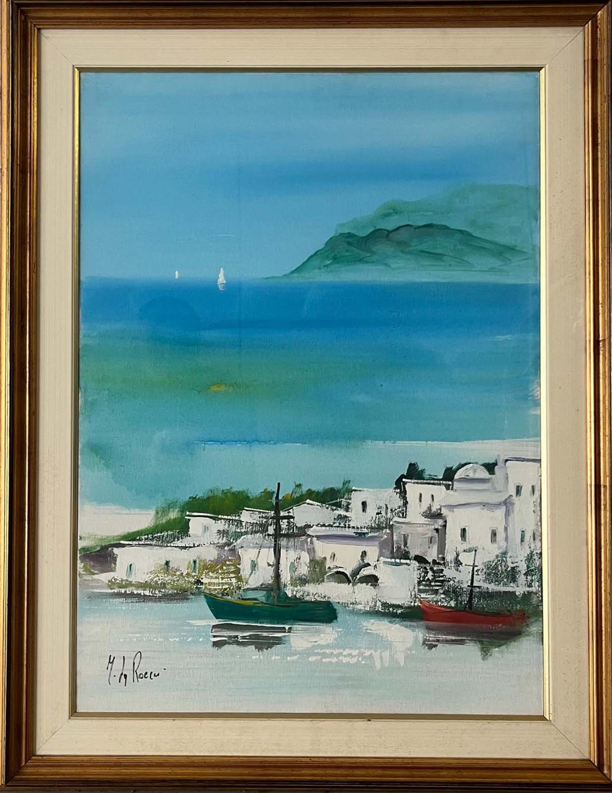 Paesaggio marino con case bianche, olio su tela di Maurizio La Rocca
