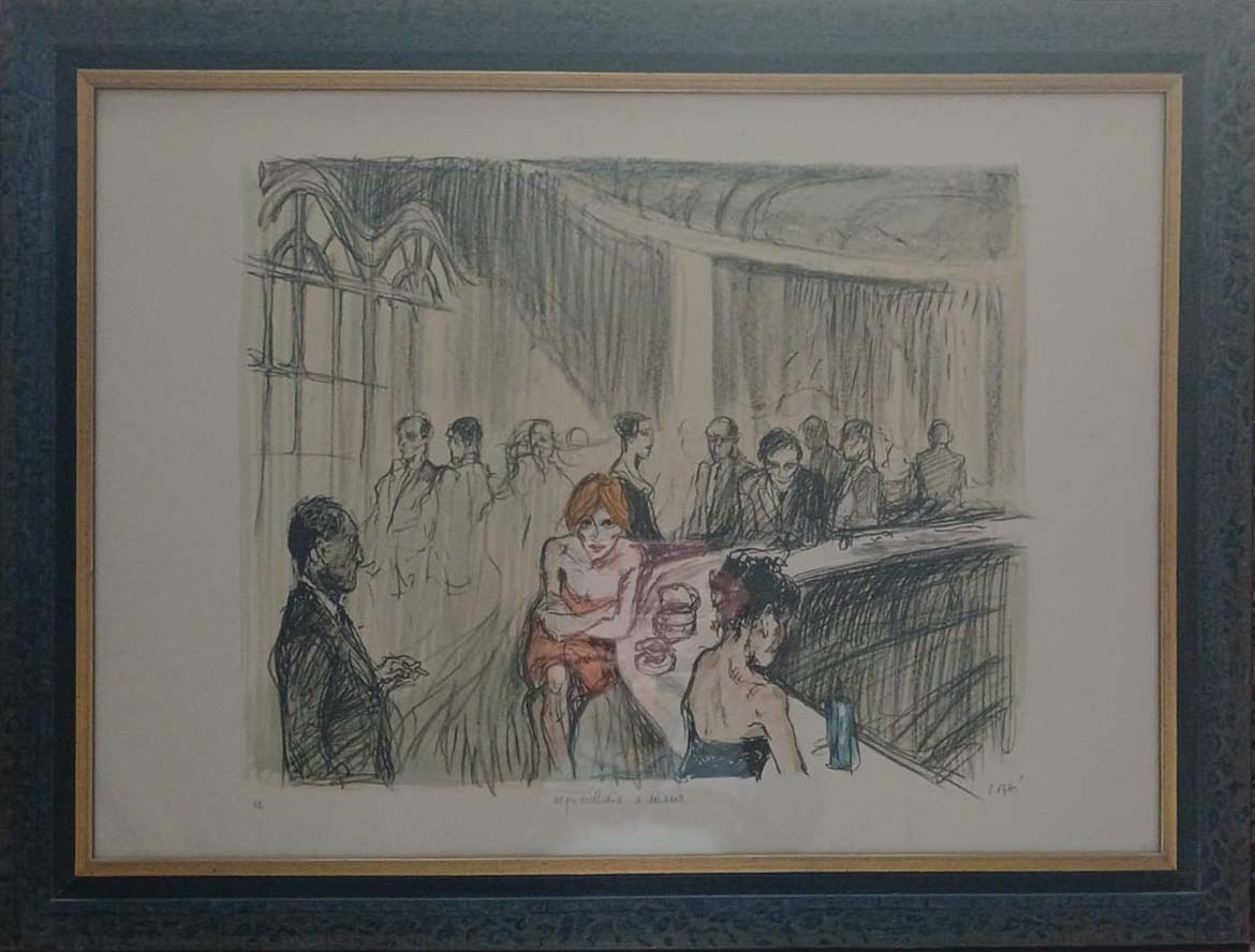 Interno di caffè, litografia acquerellata a mano di Alberto Sughi
