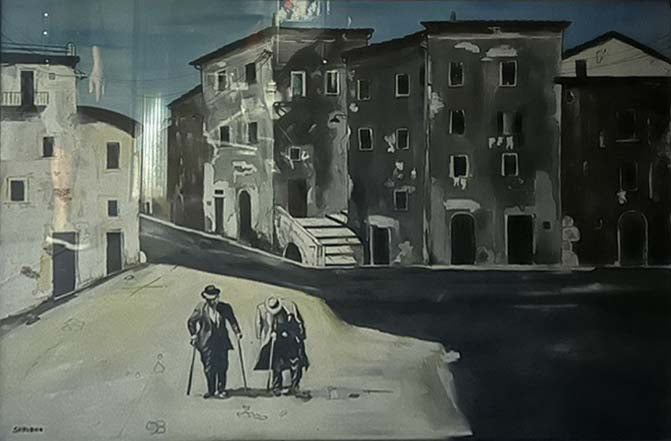 Senza titolo (vecchio borgo con figure) di Nino Vittorio Suriano, olio su tela