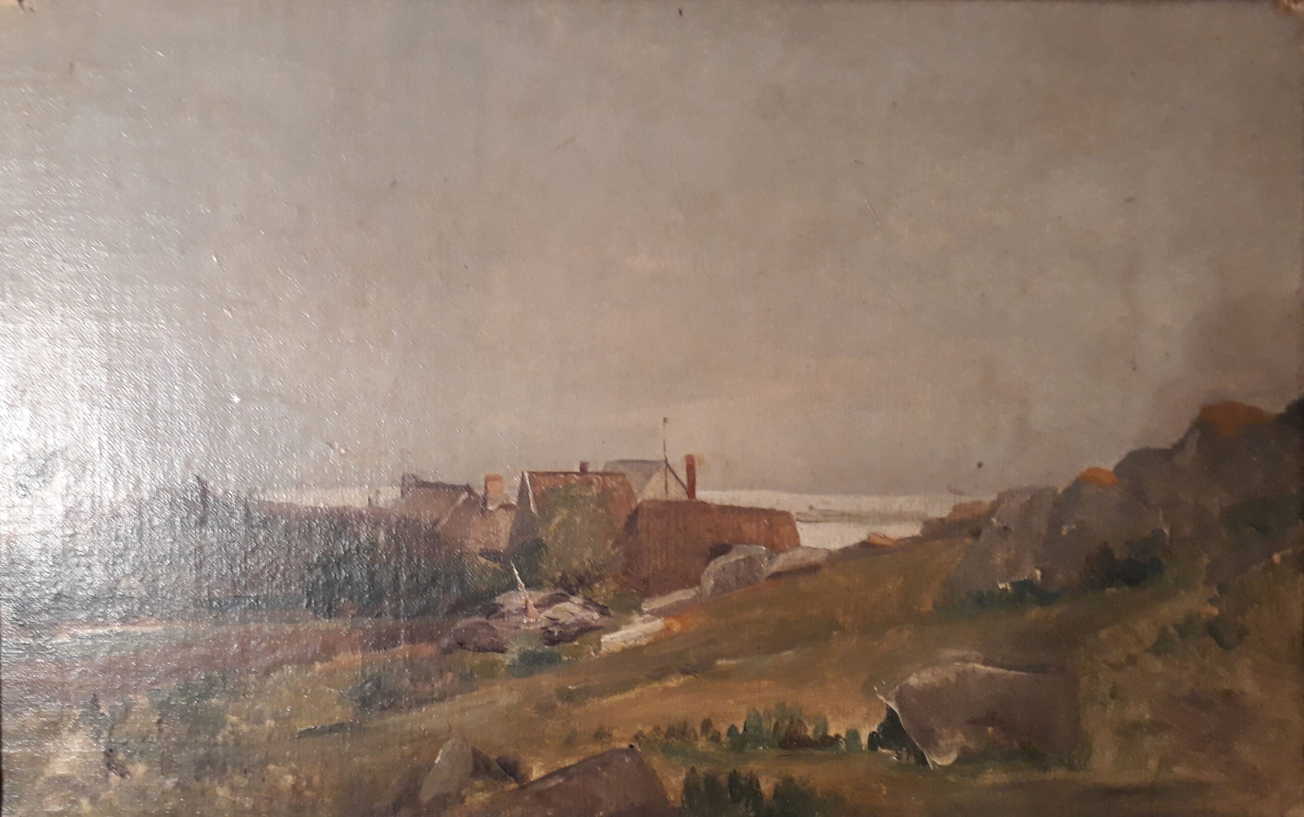 Autor desconocido (francés) - Paisaje con casas junto al mar