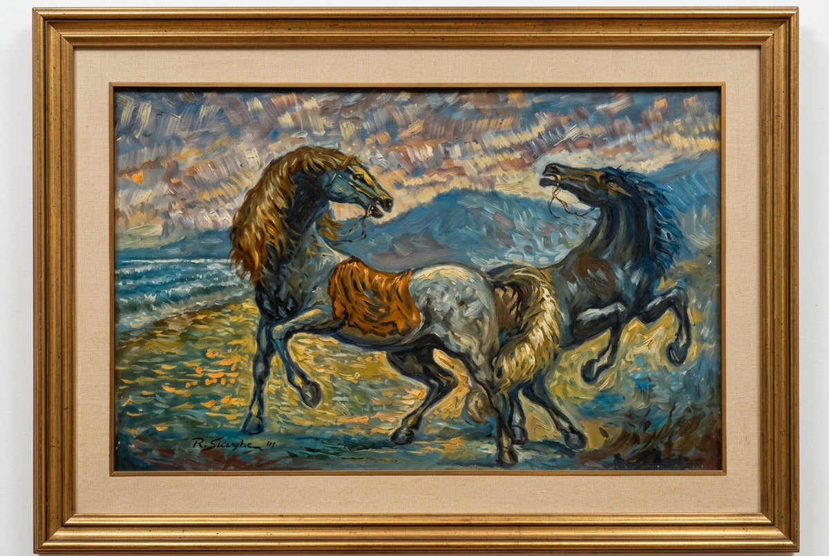 Cavalli alla marina di Roberto Scarpa, olio su tela, 70 x 50 cm