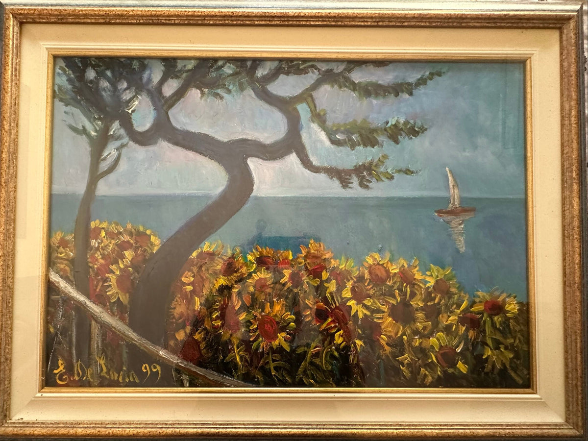 Pino e girasoli di E de Lucia, olio su masonite, 65 x 45 cm
