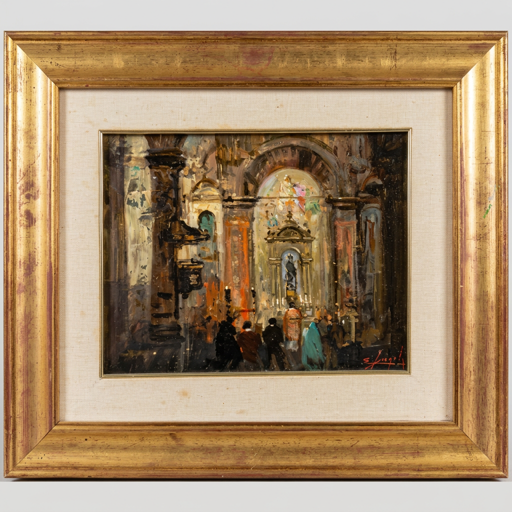 Interno di chiesa, olio di Ercole Frigoli, 28 x 22 cm