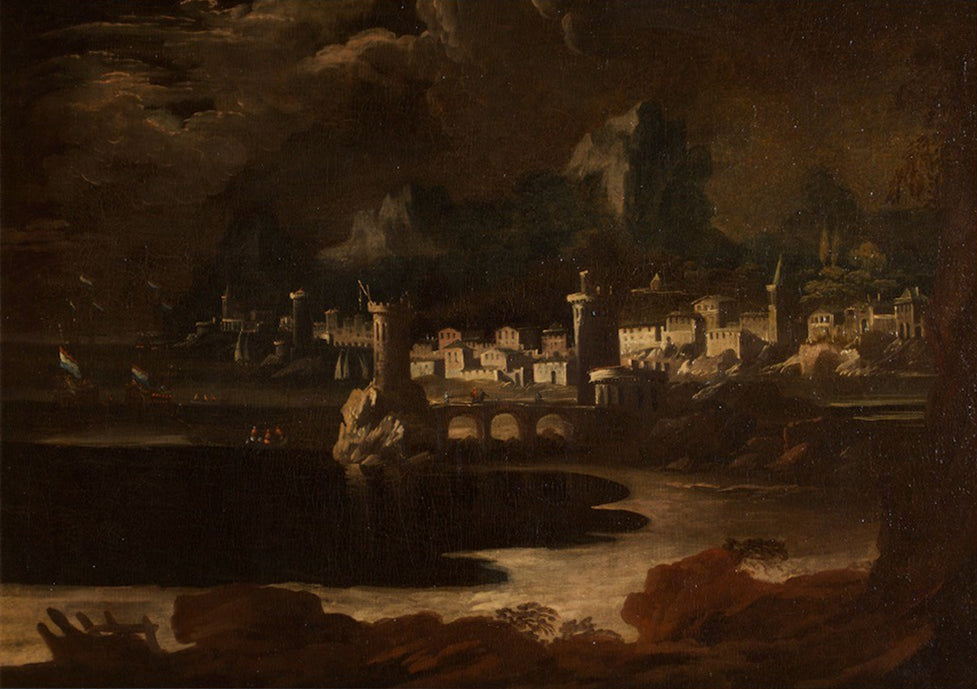 Attribuito a Filippo D'Angeli - Città di mare, paesaggio con figure a Pozzuoli