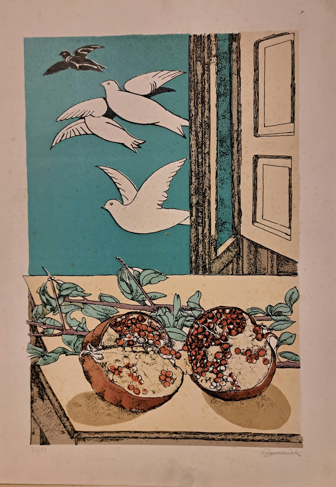 Luigi Guerricchio - Melograno con colombe bianche in volo