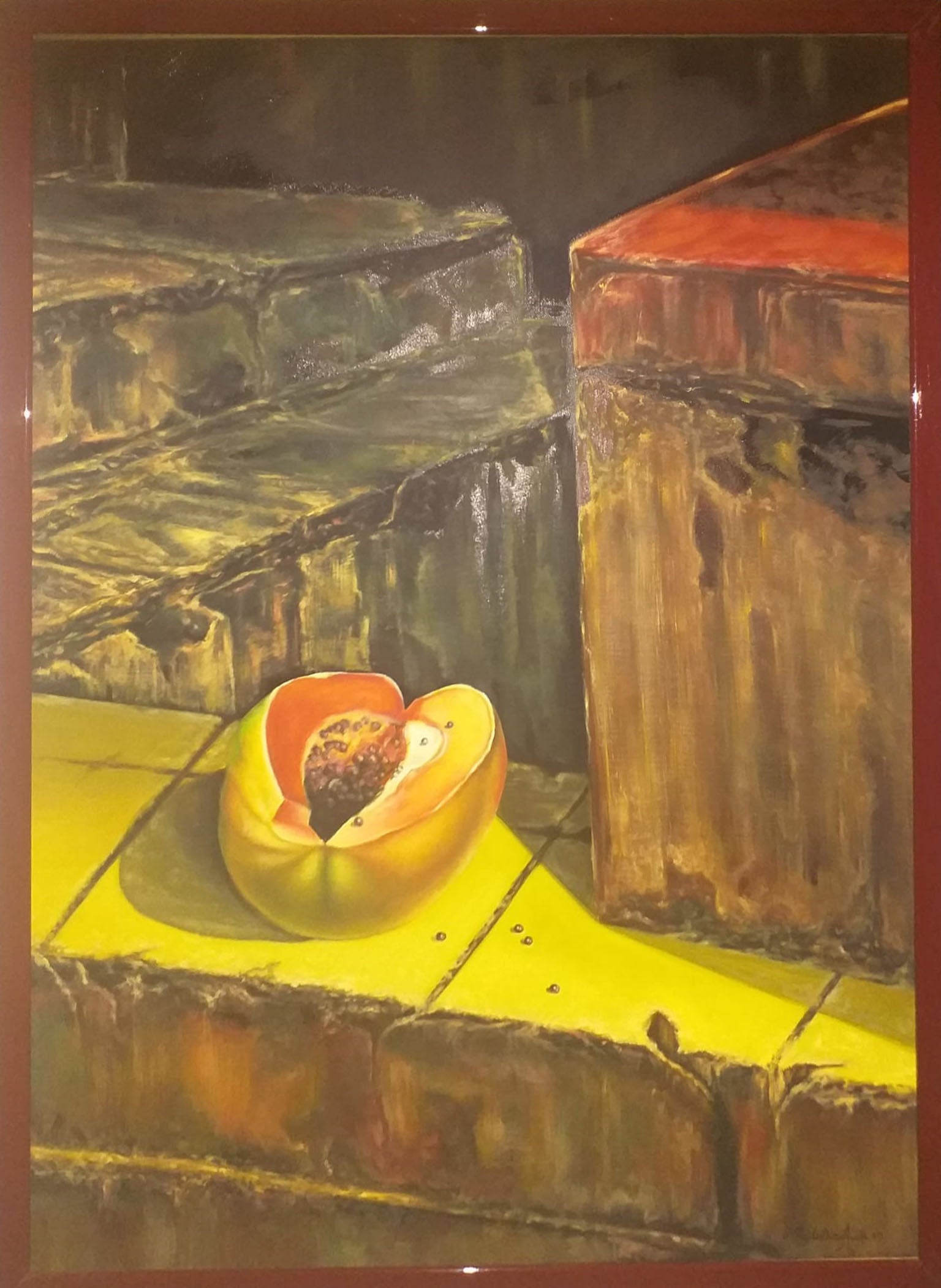Pedro Pablo Díaz Ávila - Sin título (bomba de fruta abierta con semillas, sobre un muro bajo cubierto con baldosas cerámicas)