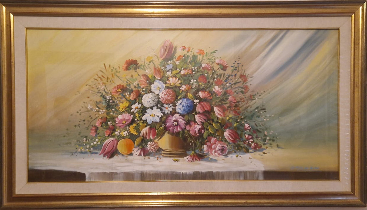 Vaso con fiori, olio su tela di G.F. Trombini