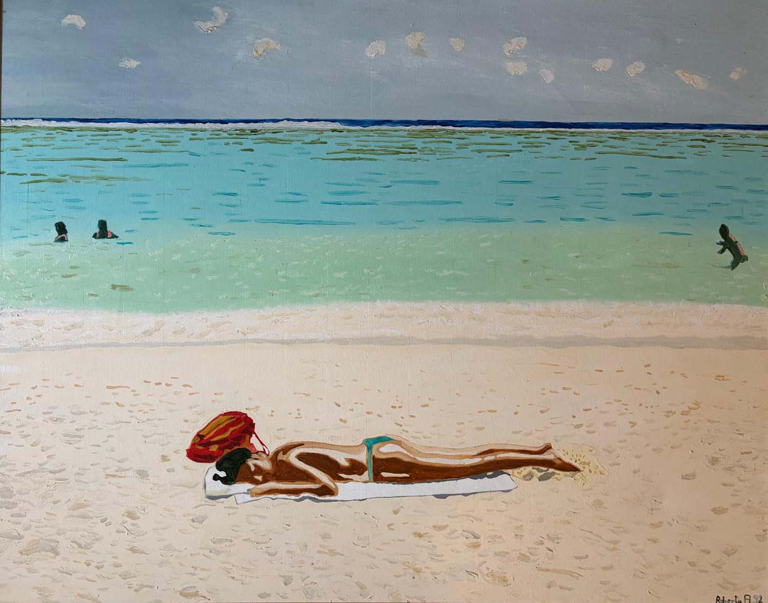 Scena di relax in spiaggia a olio su tela di Roberto Anselmi