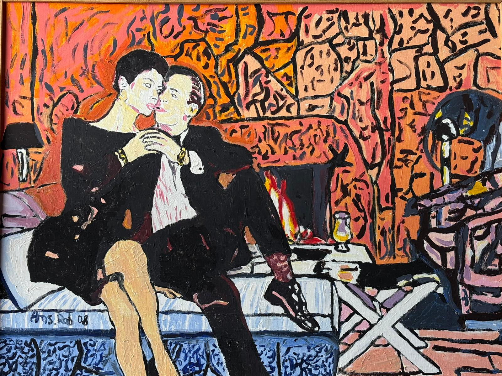 Scena d'interno con figure a olio su tela di Roberto Anselmi