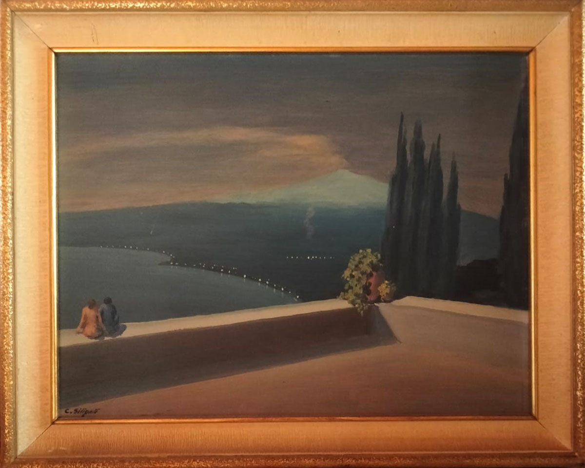 Carlo Siligato - Senza titolo (Terrazza sul golfo di Taormina con Etna)