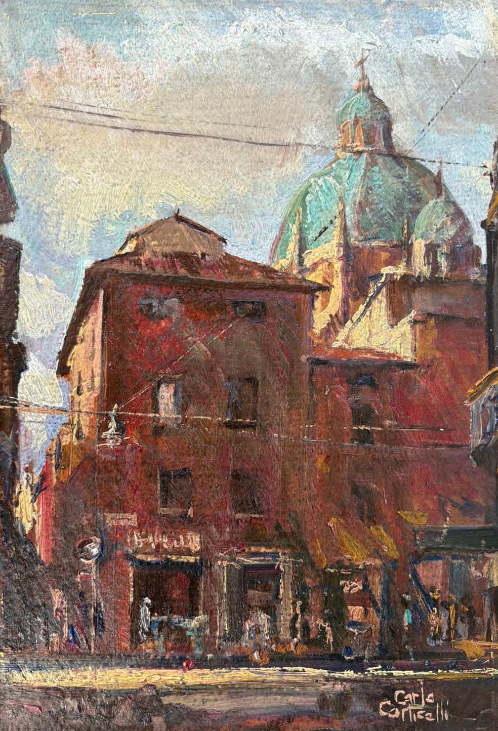 Via Orefici di Carlo Corticelli, tecnica mista su cartone