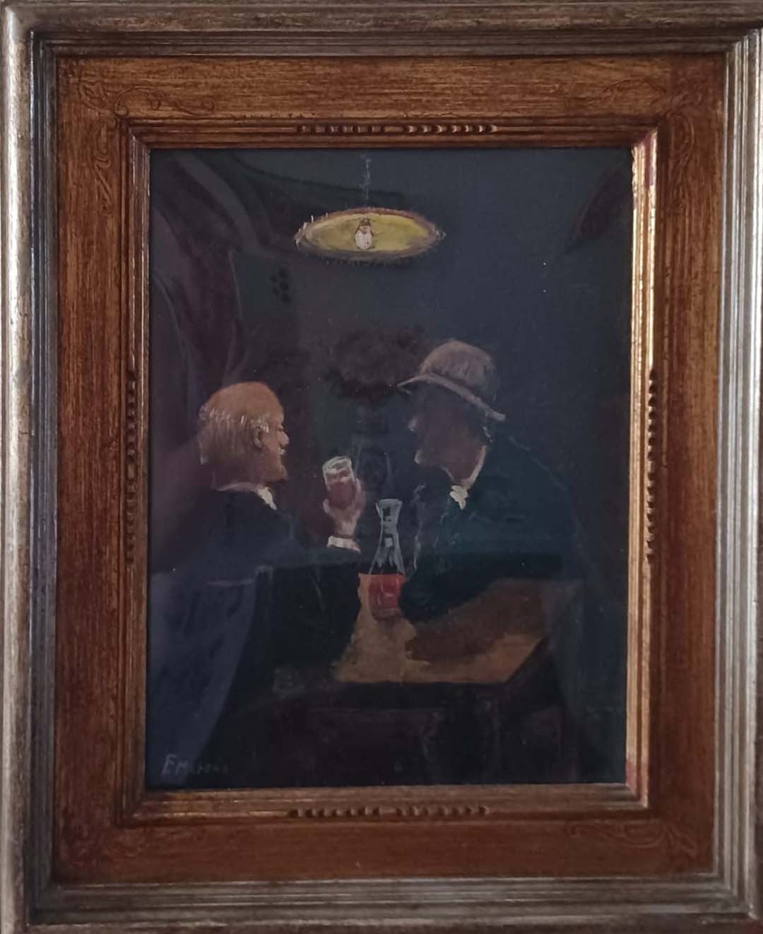 Scena di genere in osteria con bevitori in olio su tela