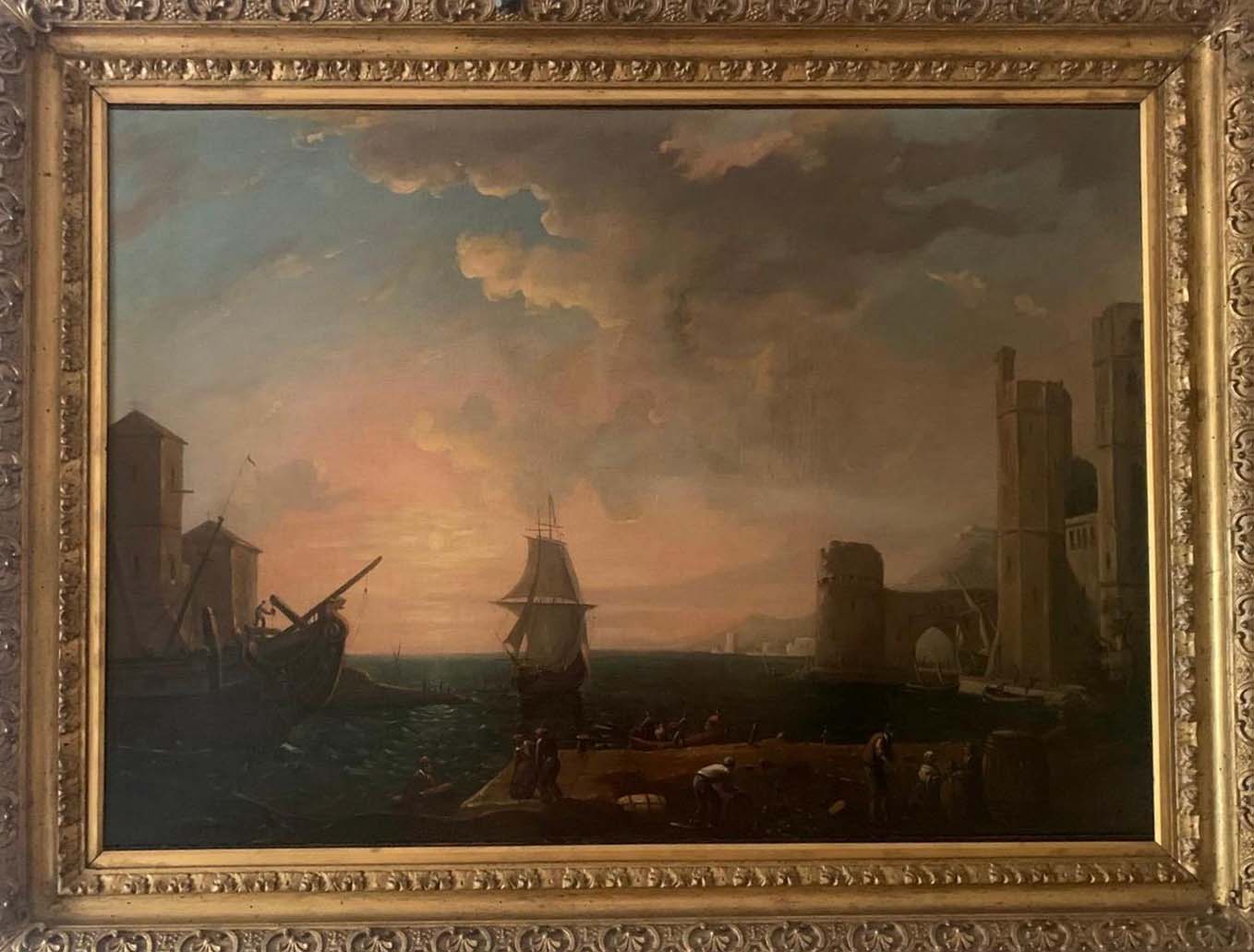 Porto fortificato con velieri al tramonto - Olio su tela - Anonimo