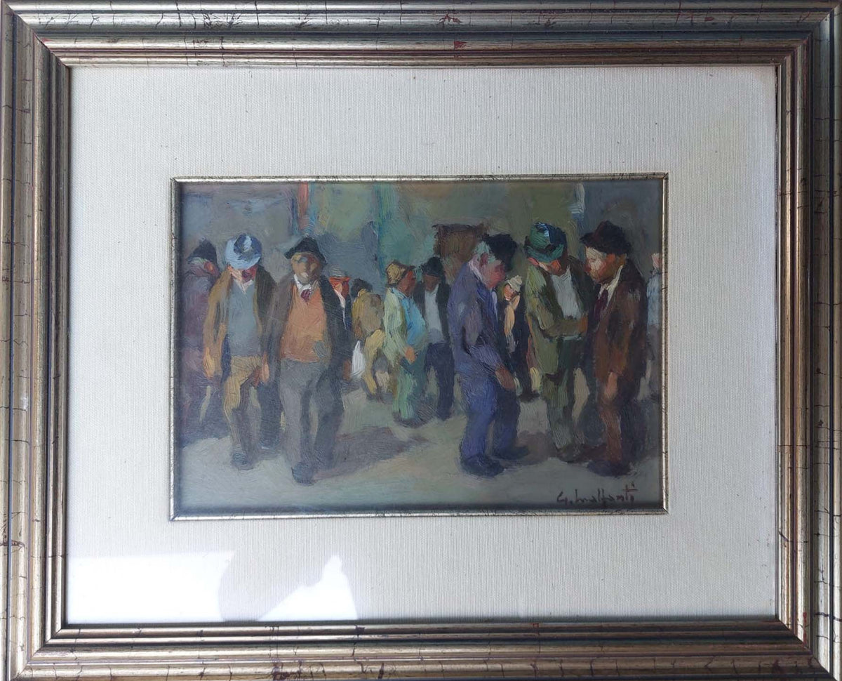 Senza titolo (scena di vita quotidiana), olio su tela di Giacomo Malfanti