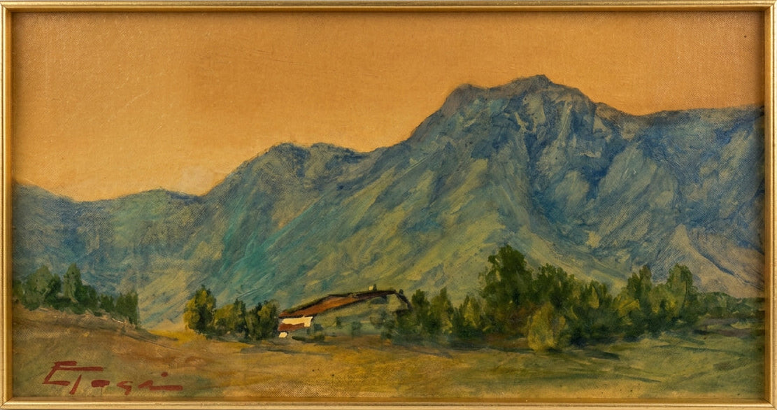 Senza titolo (paesaggio montano), olio su tavola di Edoardo Togni, 17 x 33 cm