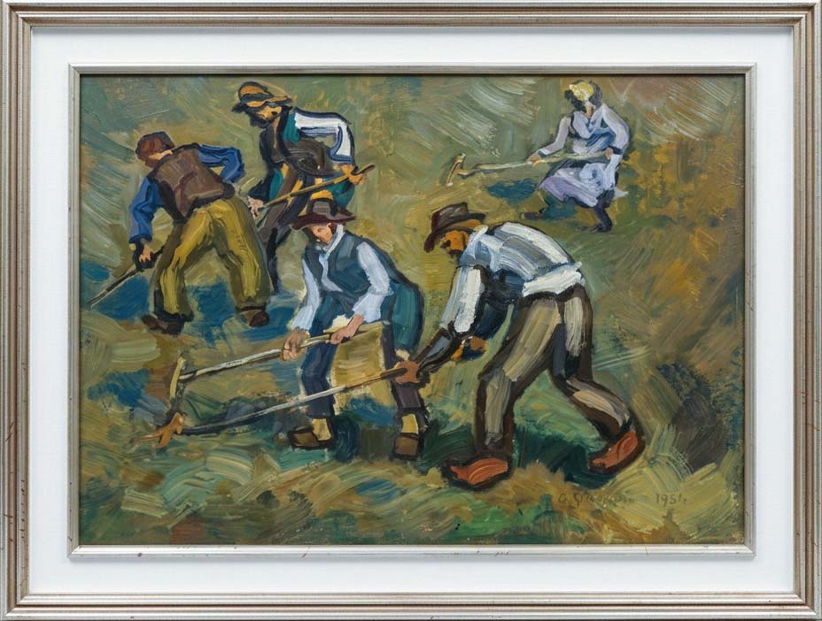 Senza titolo (contadini intenti ad arare la terra), olio su tela di Ottorino Garosio, 50 x 70 cm