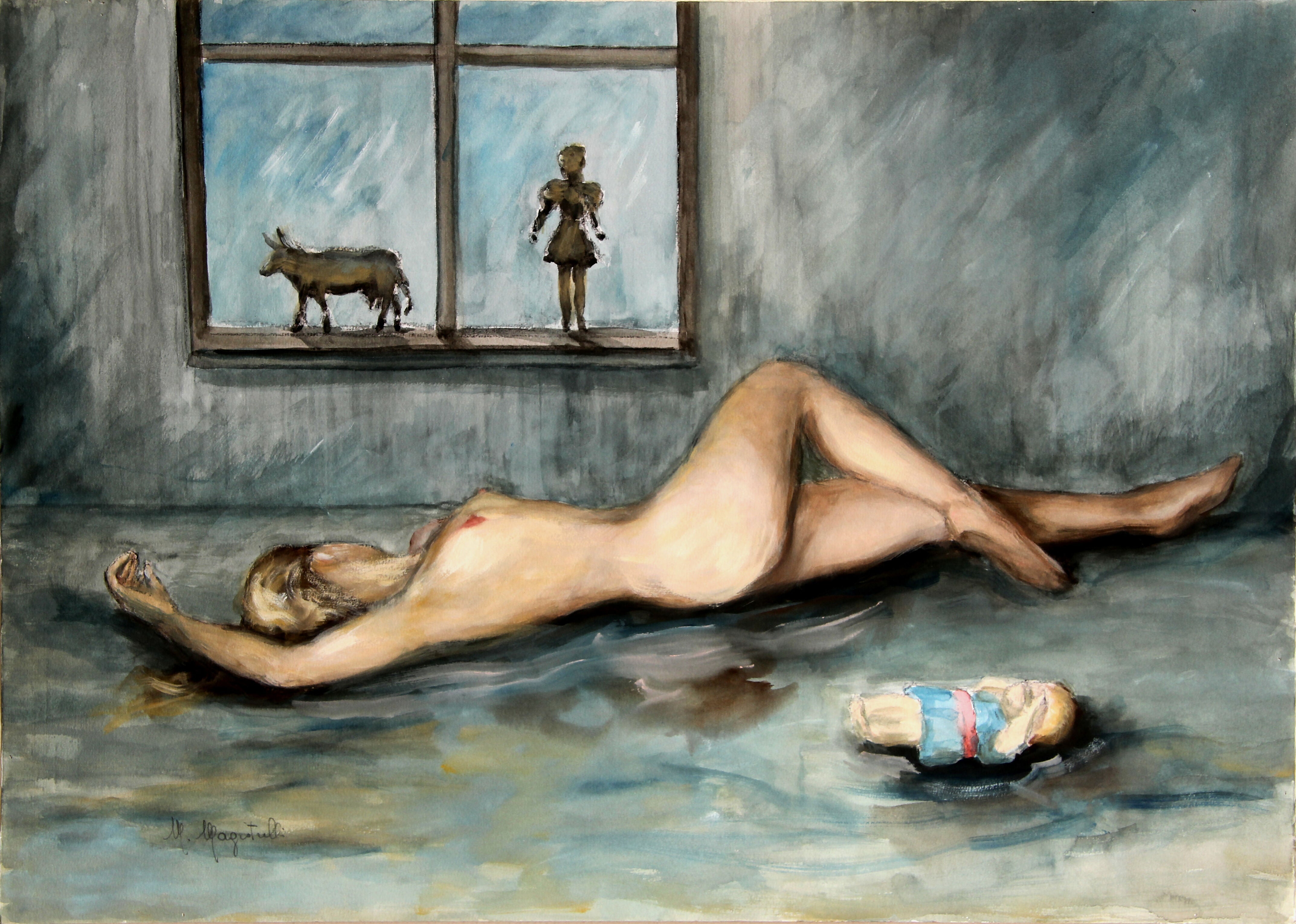 Figura femminile Donna nuda tra i giocattoli, acquerello di Miranda Magistrelli