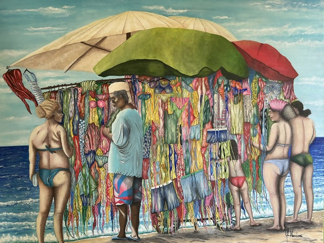 Mercante in spiaggia di Giancarlo Narduzzi, acrilico – figura