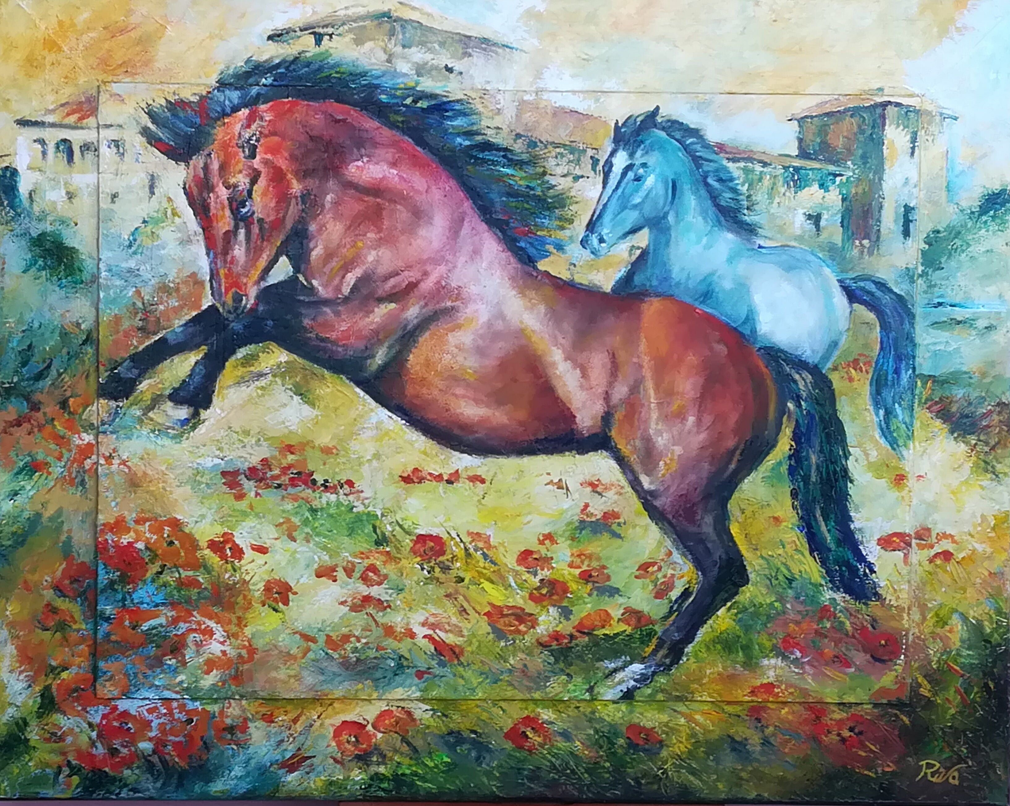 Cavalli in un campo di papaveri