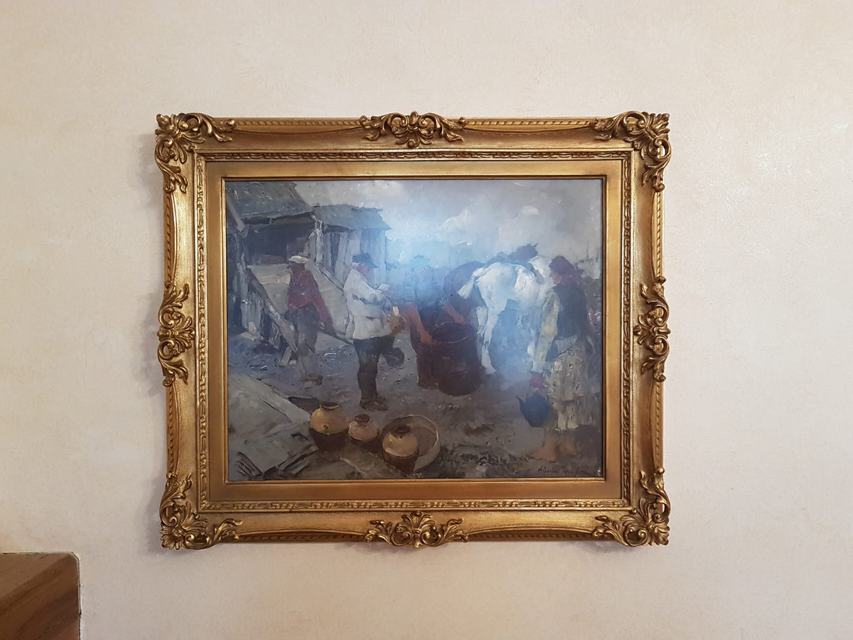 Scena rurale con contadini, olio su tela di Alessio Issupoff