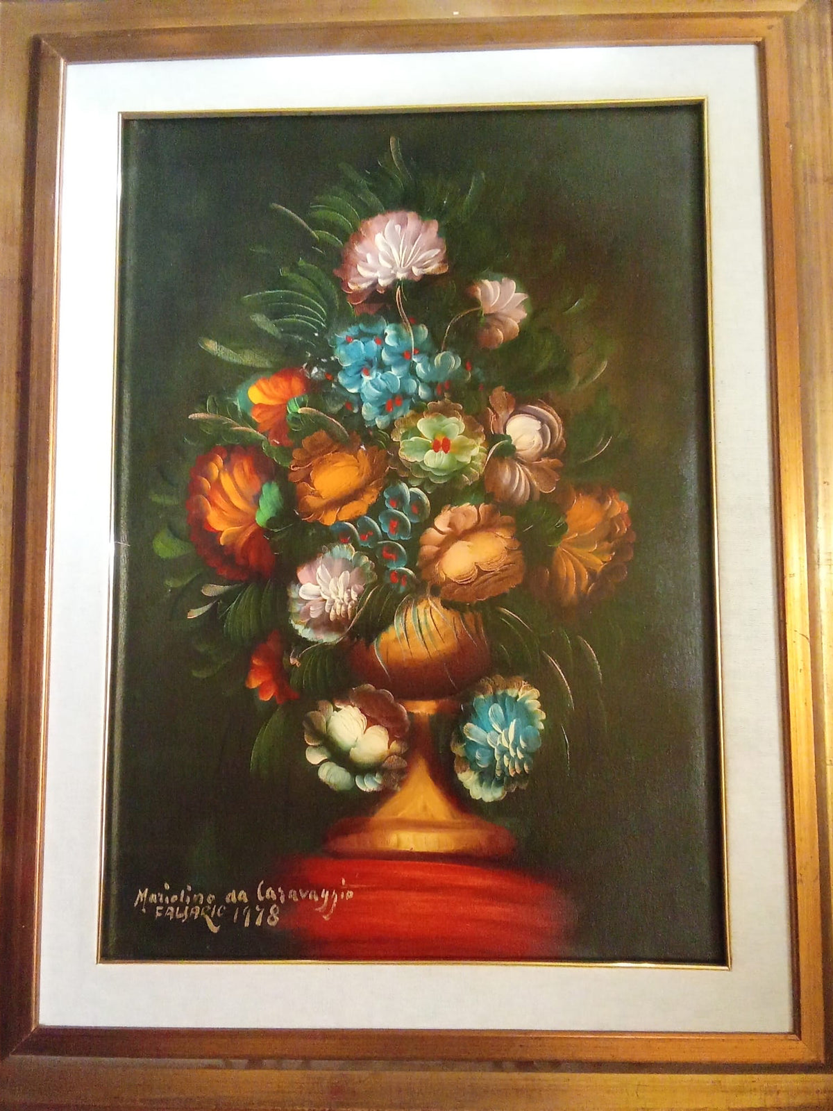 Vaso con fiori a olio del 1978 di Mariolino da Caravaggio