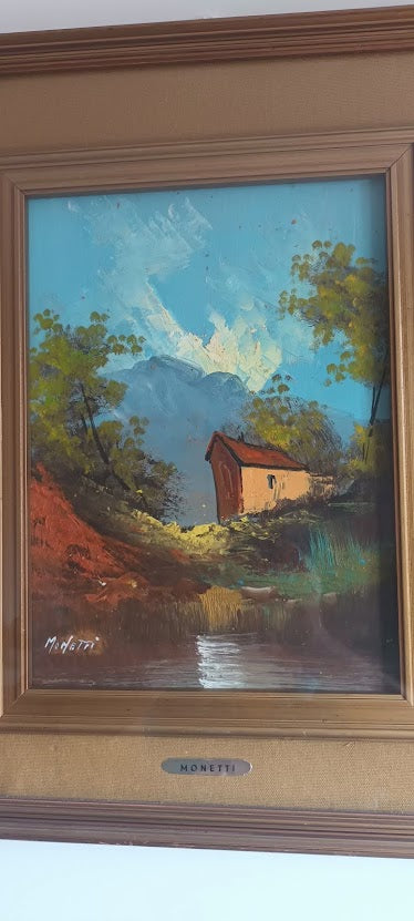 Senza titolo paesaggio con fiume casa di Monetti, olio