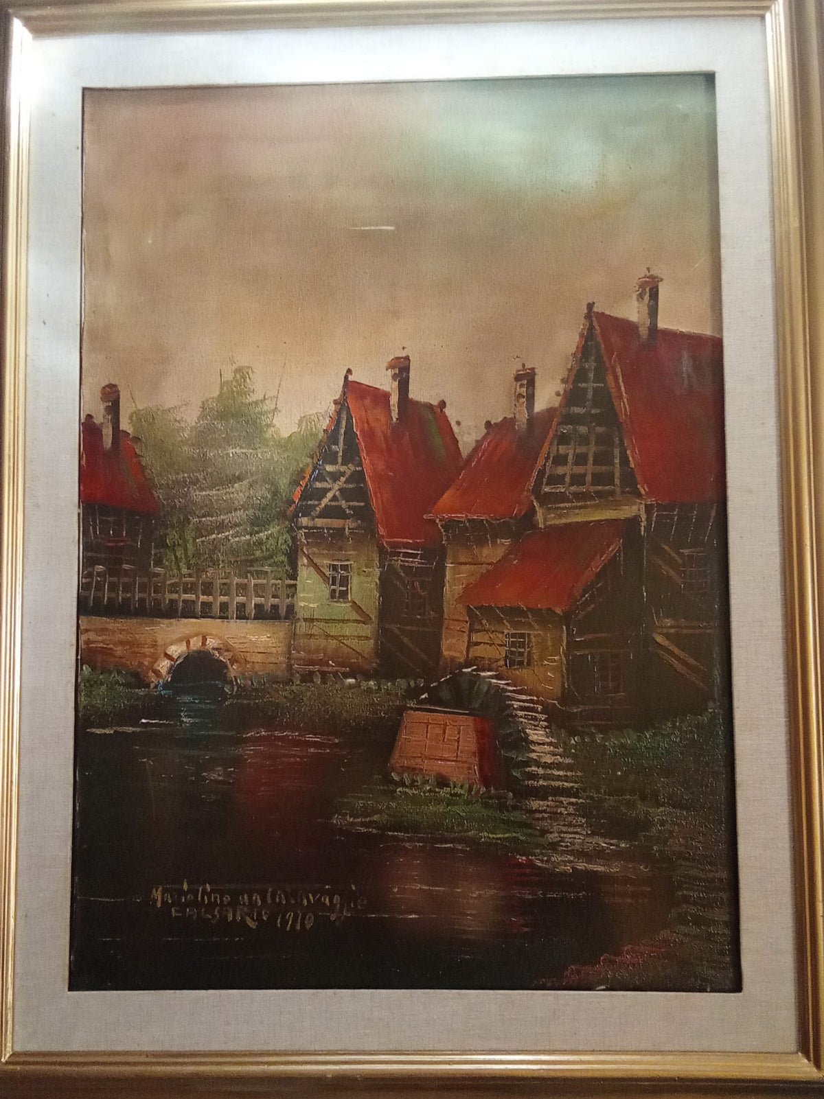 Paesaggio fluviale a olio del 1970 di Mariolino da Caravaggio