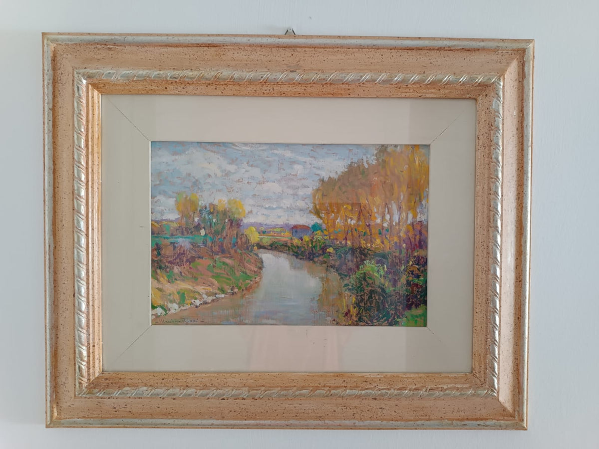 Paesaggio fluviale autunnale di Massimo Ricci, olio su tela