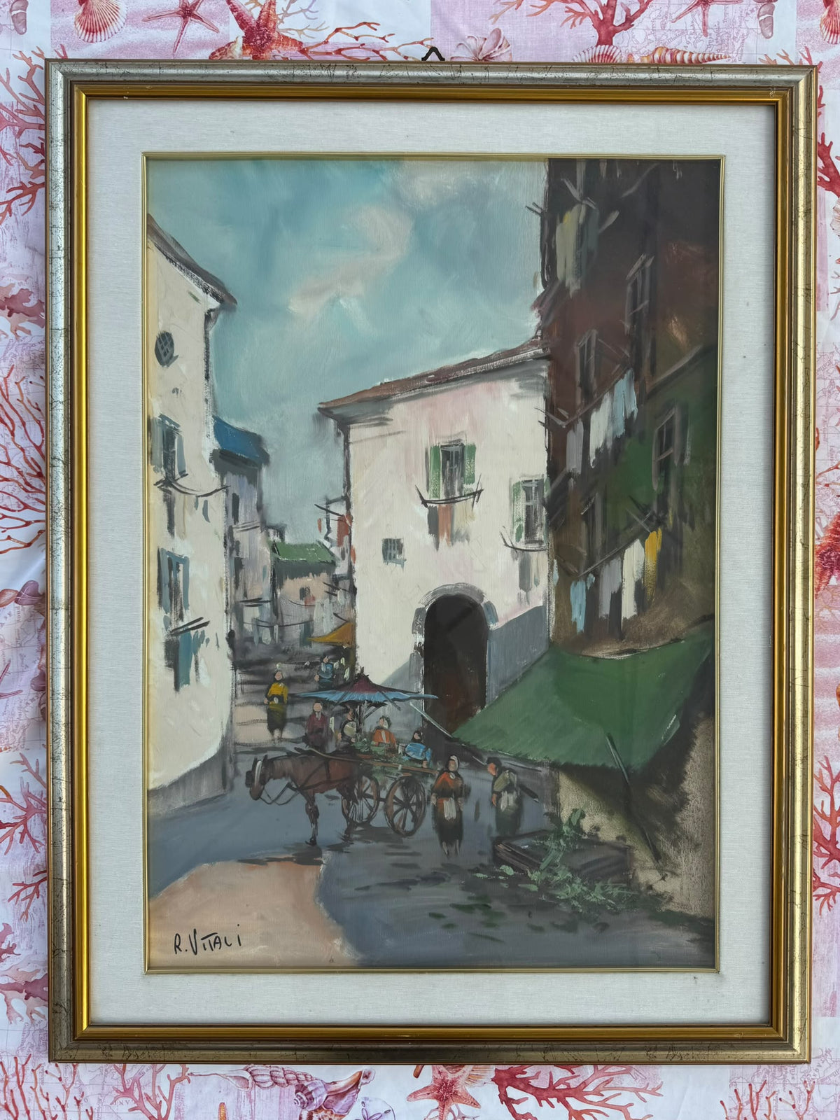 Mercatino (Scorcio di borgo con carretto trainato da cavallo) di R. Vitali, olio