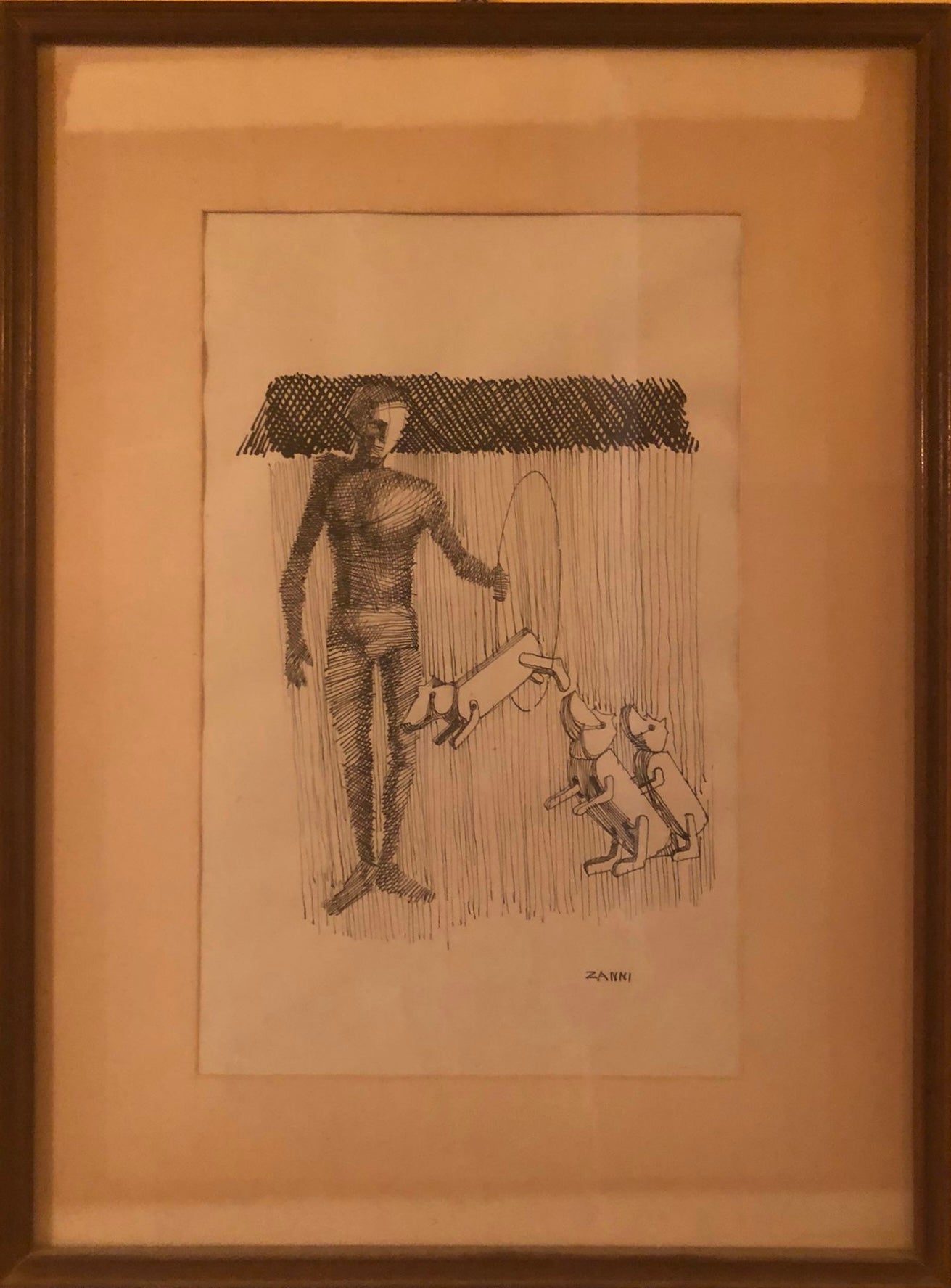 Inchiostro di Sergio Zanni con figura e tre cani