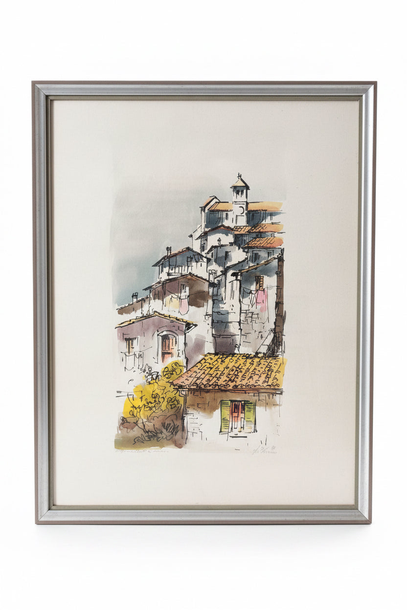 Grafica d'arte di Antonio di Viccaro con case e campanile