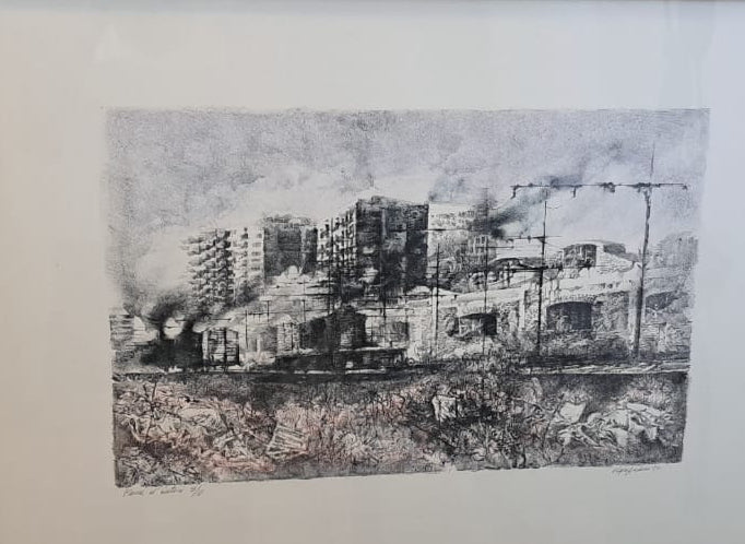 Senza titolo (Periferia urbana), incisione di Renzo Vespignani