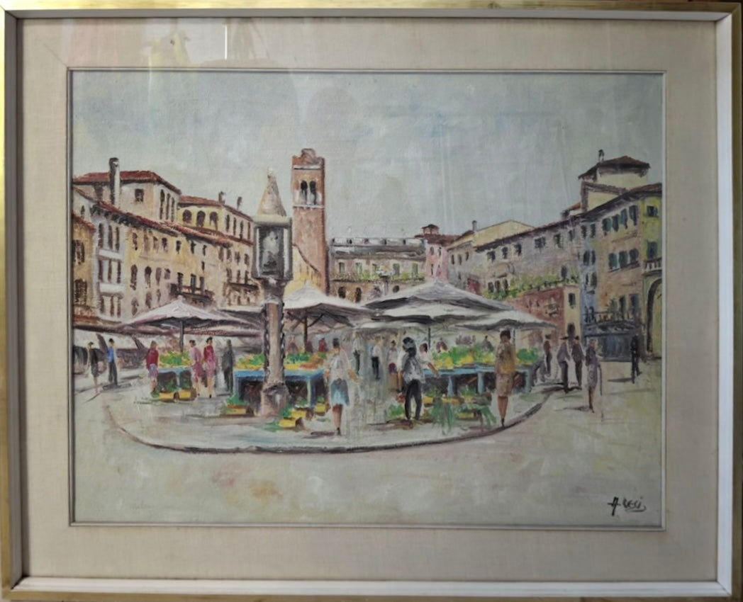 Piazza Erbe, Verona, olio su tela di Angelo Resi