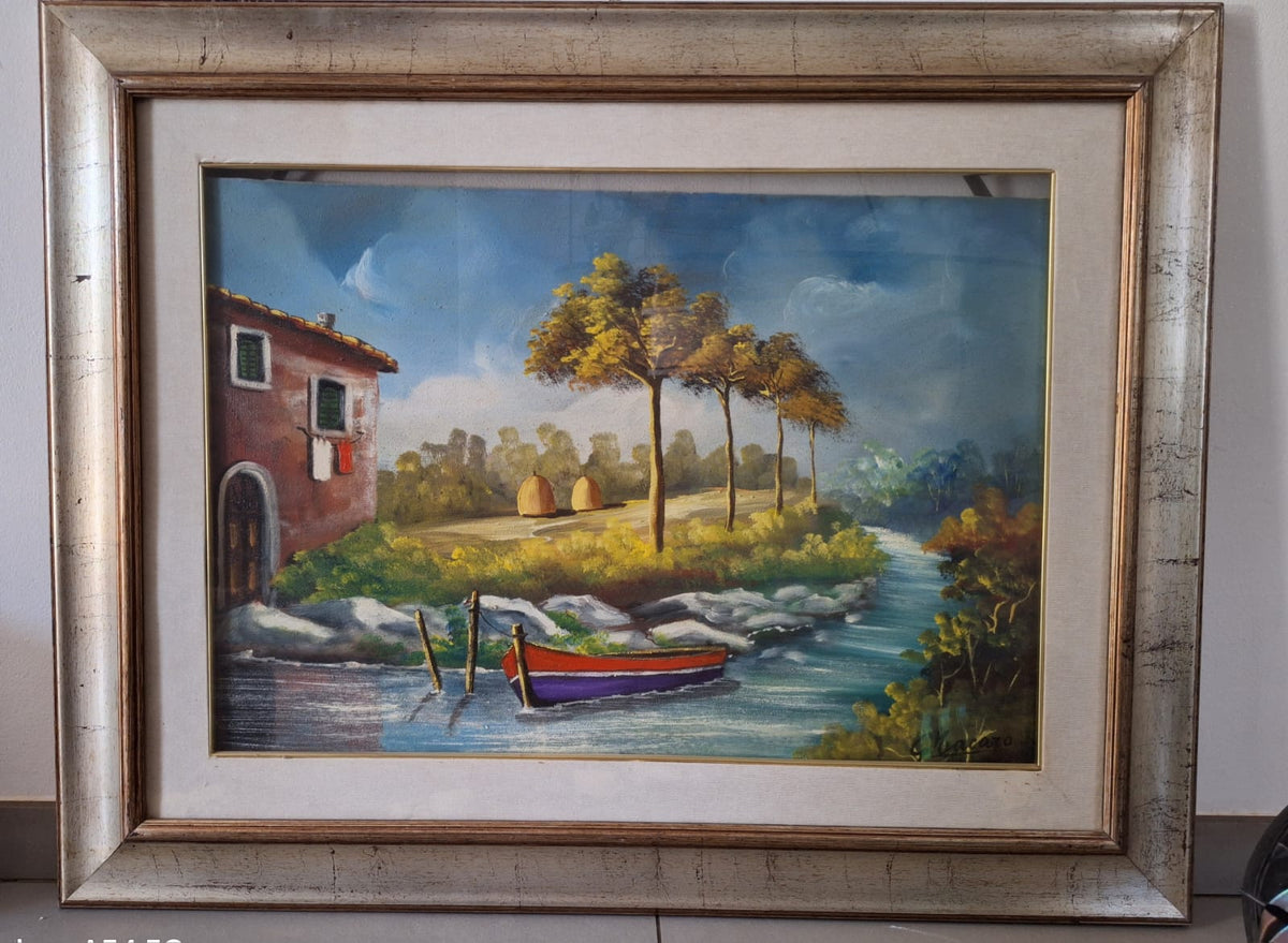 Paesaggio (Scorcio rurale con barca) di Gisella Macaro, olio su tela