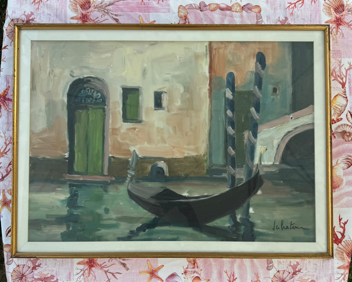 Venezia (Scorcio veneziano con gondola e paline di ormeggio) di Giuseppe Salvaterra, olio