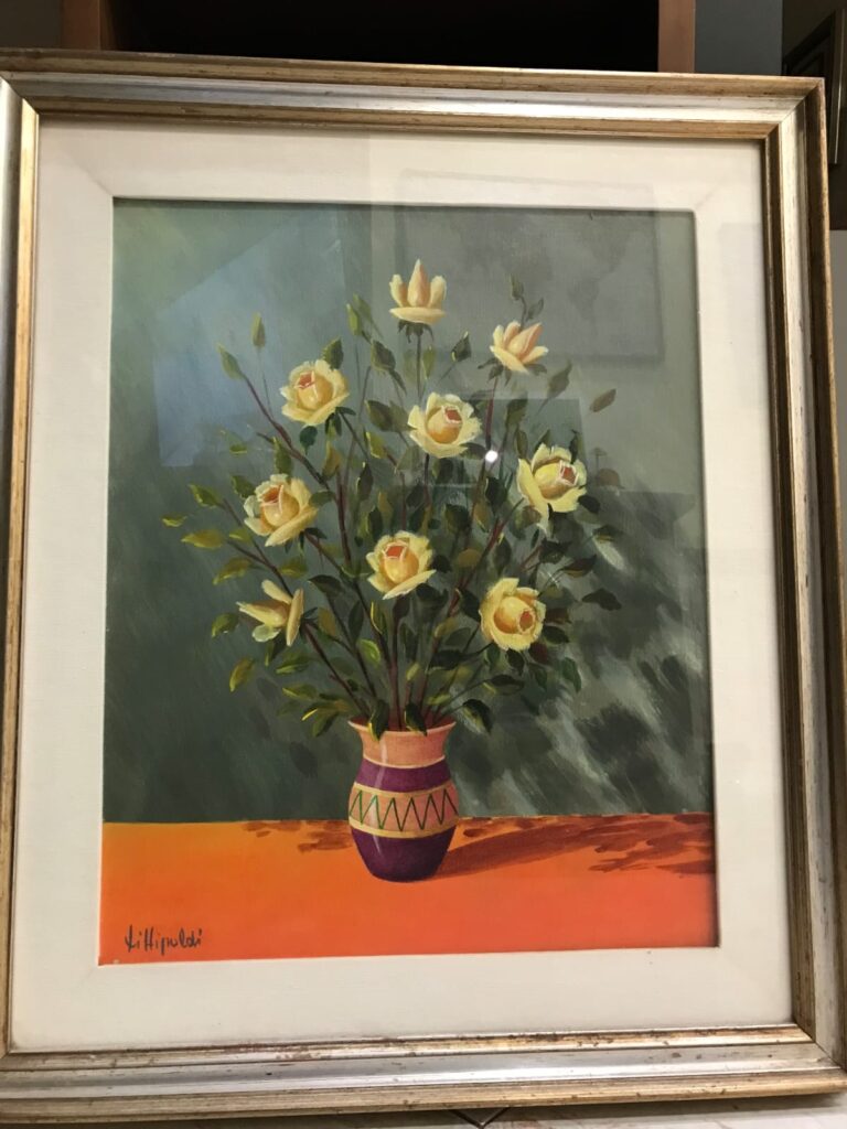 Vaso di rose gialle, olio su tela di Enzo Fittipaldi