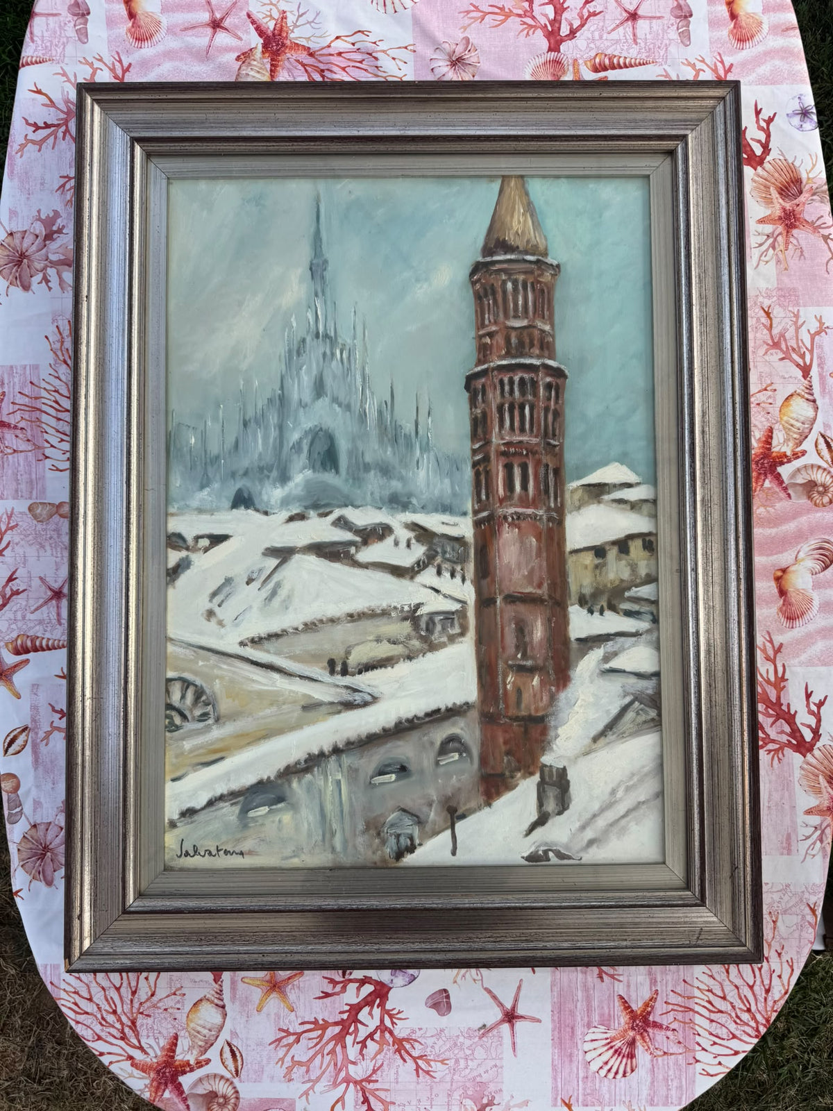 Vecchia Milano (Veduta innevata di San Gottardo in Corte con profilo del Duomo) di Giuseppe Salvaterra, olio