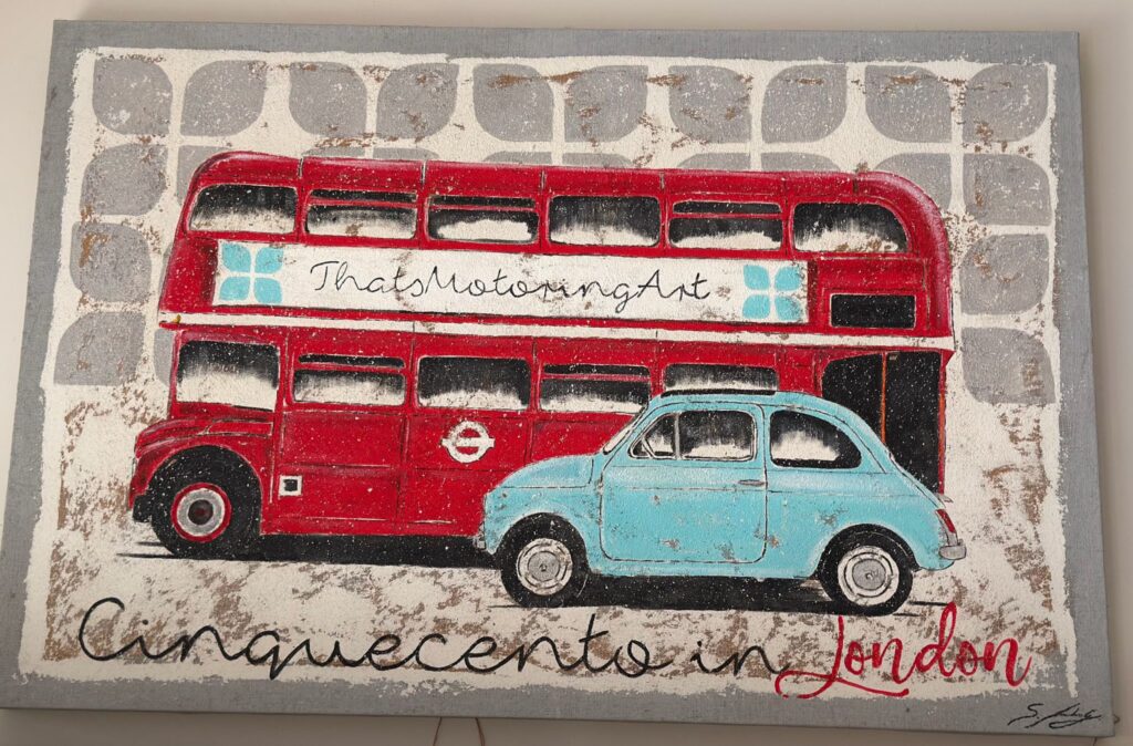 Cinquecento in London di Stefano Berardino, tecnica mista su tela