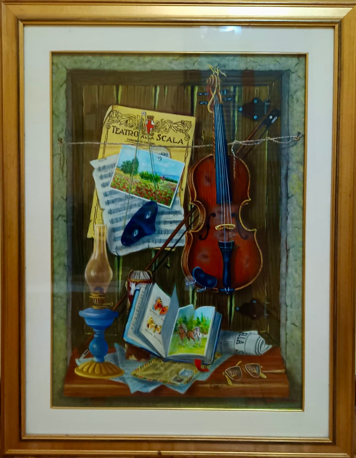Violino a riposo e altre cose di Savino Sardella, olio su tavola