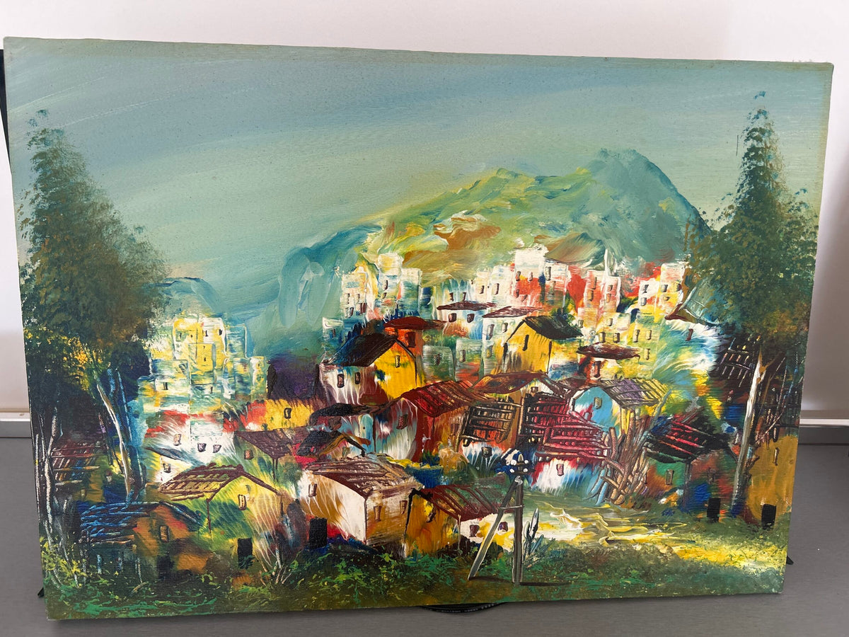 Paesaggio con paese di Antonino Pecoraro, olio su tela